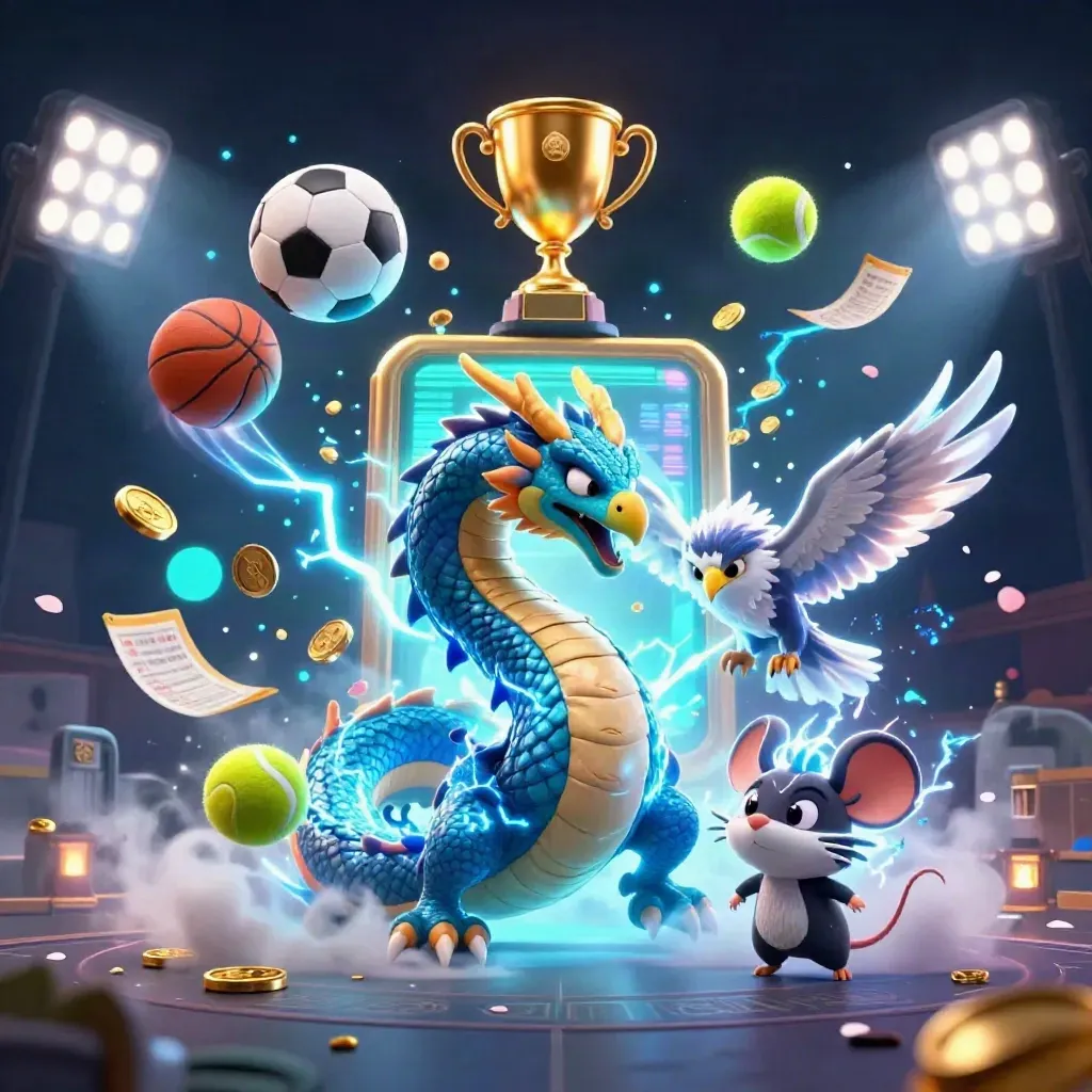 Thunder dragon, wind hawk, and static mouse amid flying sports balls and gold coins.