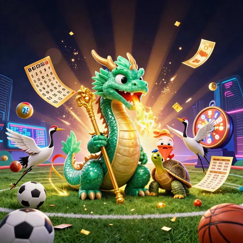 Neon arena with dragon, turtle sage, cranes and flying jackpot props