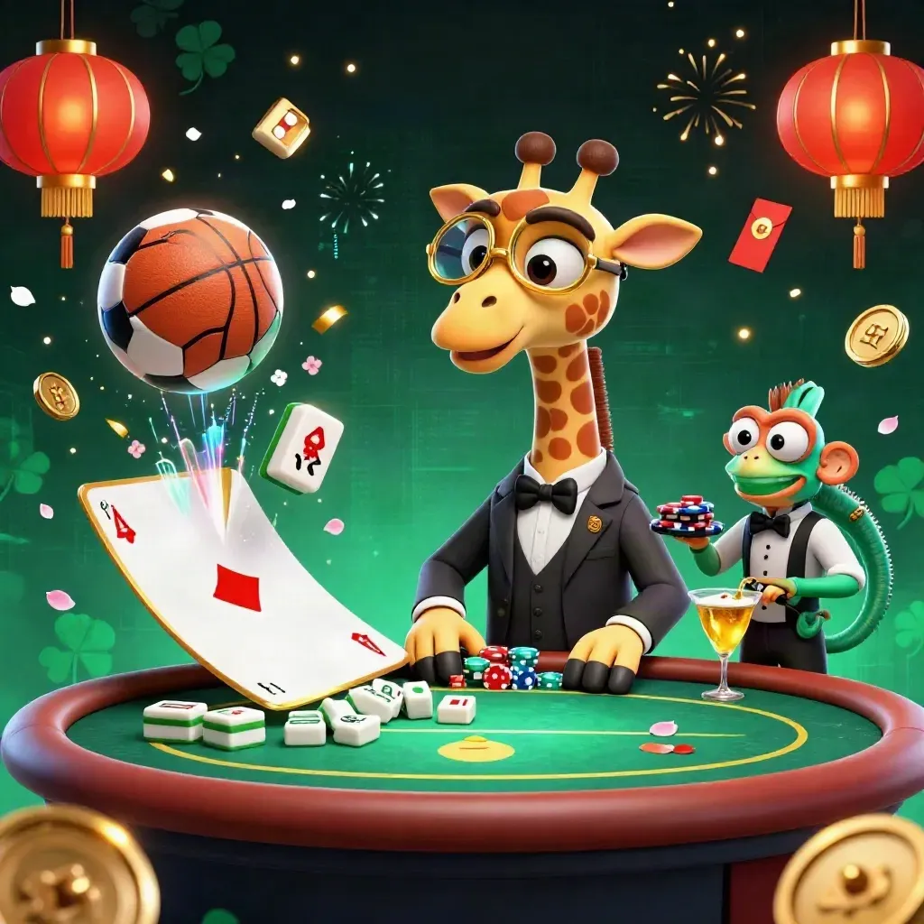 Casino giraffe, monkey, and chameleon amid sports balls, gold lights, and neon energy.