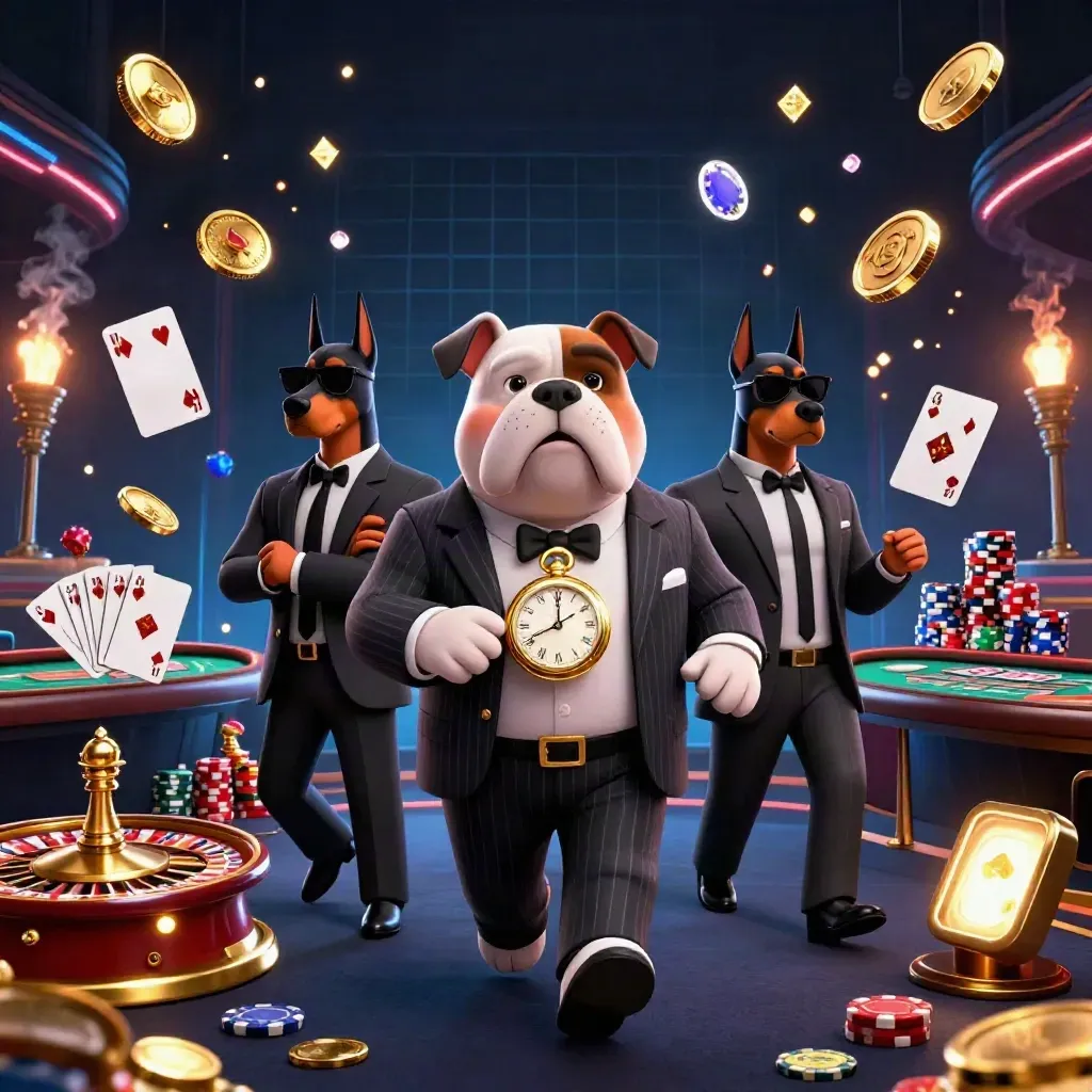 Bulldog boss with Dobermans amid roulette wheel, gold coins, gems, and neon casino lights.