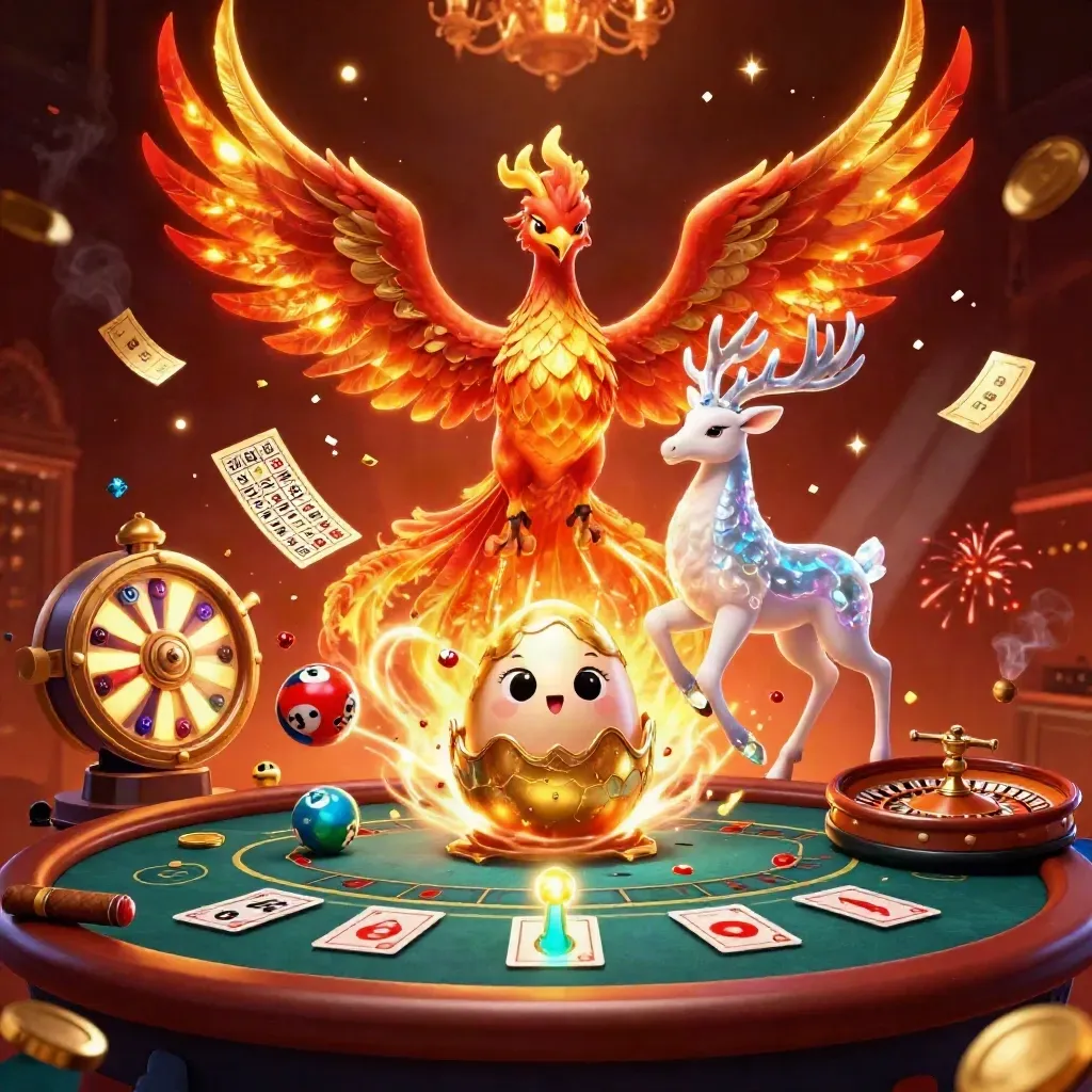 Fire phoenix and stag amid casino lights, lottery balls, bingo card, roulette wheel, and glowing gold.