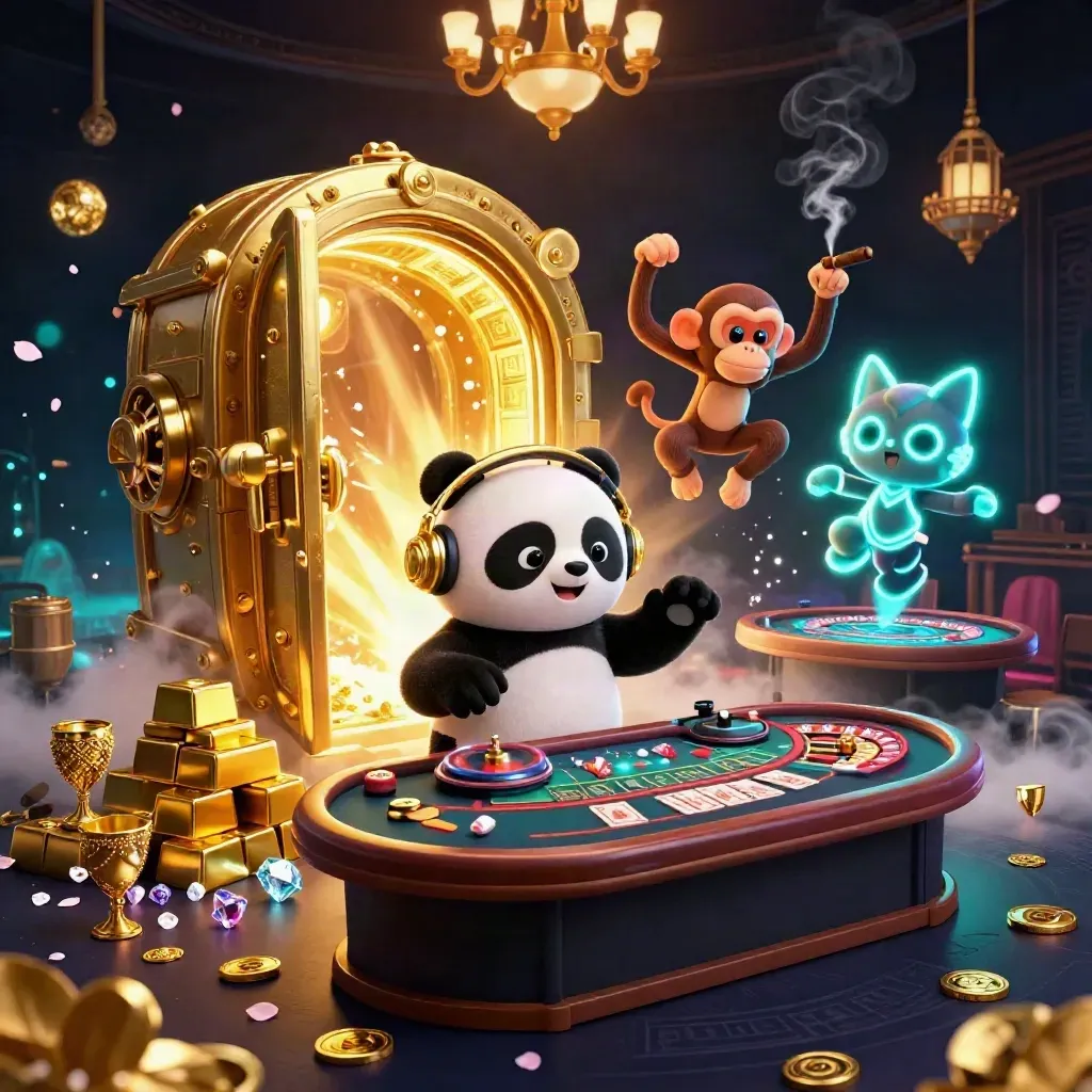 Panda DJ, breakdancing monkey, and glow-stick kitten in a neon casino vault of gold and teal light.