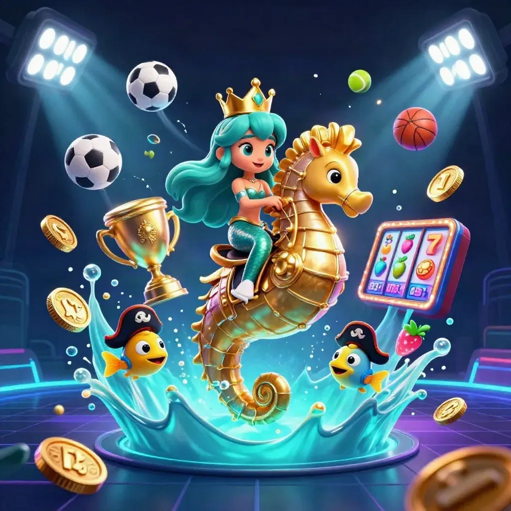 Mermaid princess rides armored seahorse amid coins, trophies, sports balls, neon fish, and underwater glow.