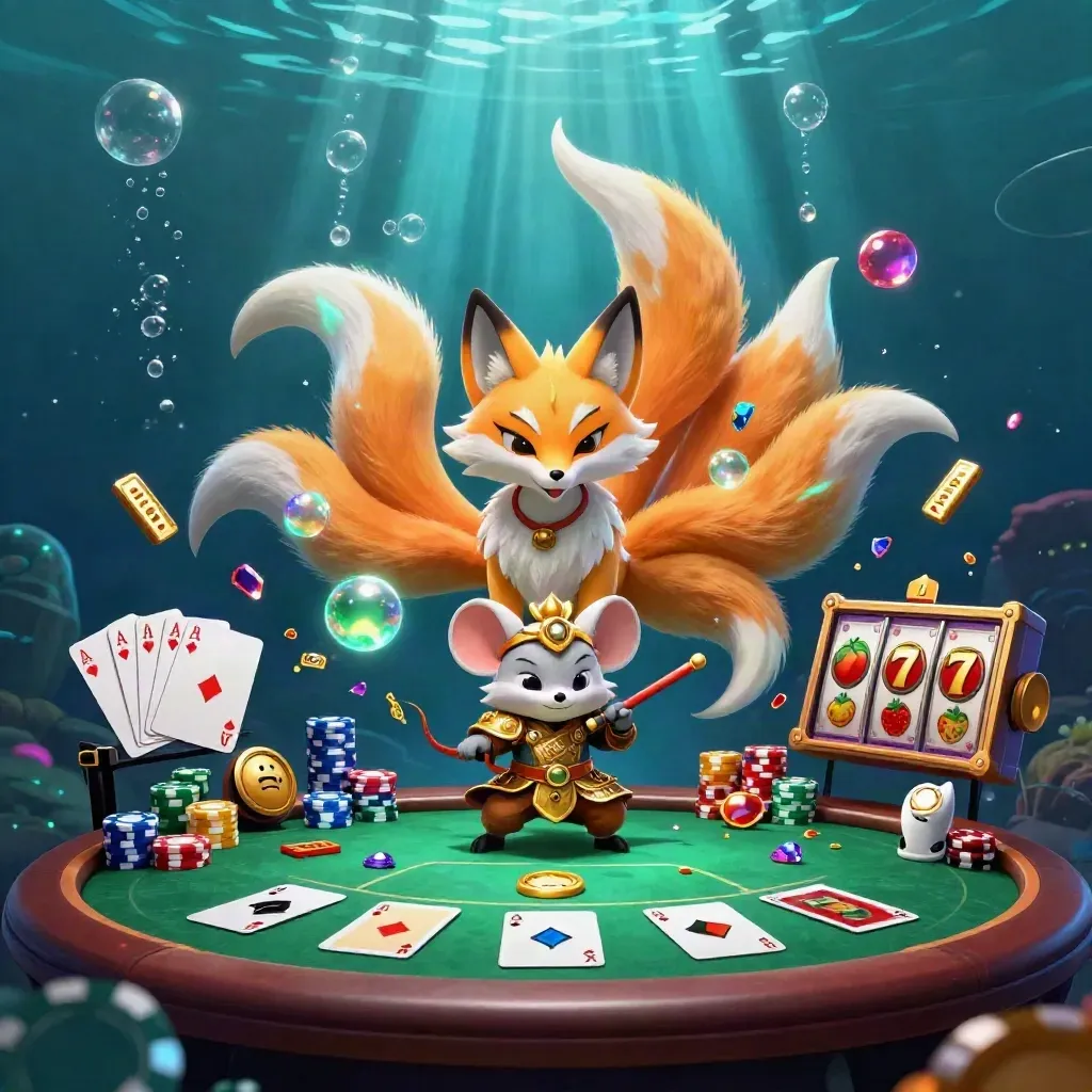 Nine-tailed fox spirit and gold mouse amid underwater neon casino chaos with chips, cards and reels