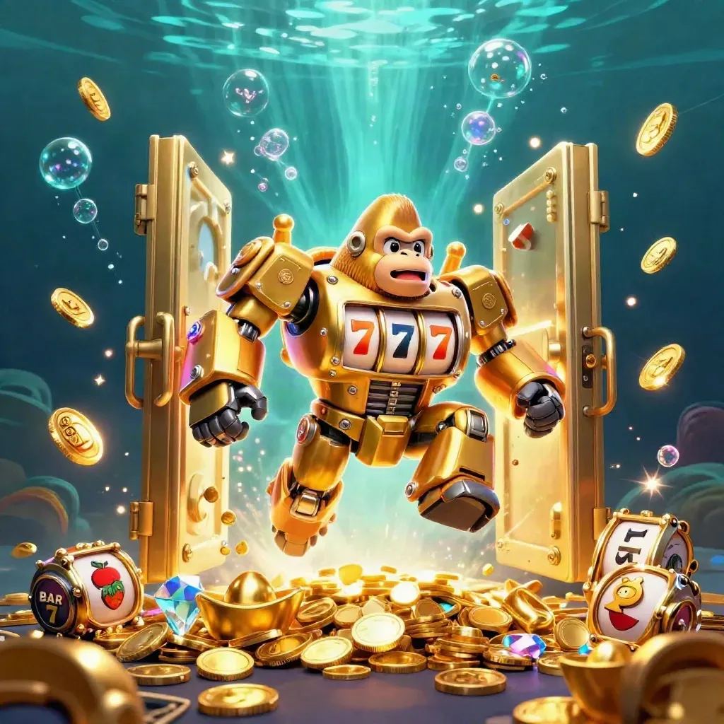 Golden gorilla mech and tiny monkey burst from a vault with coins, gems, and neon underwater glow.