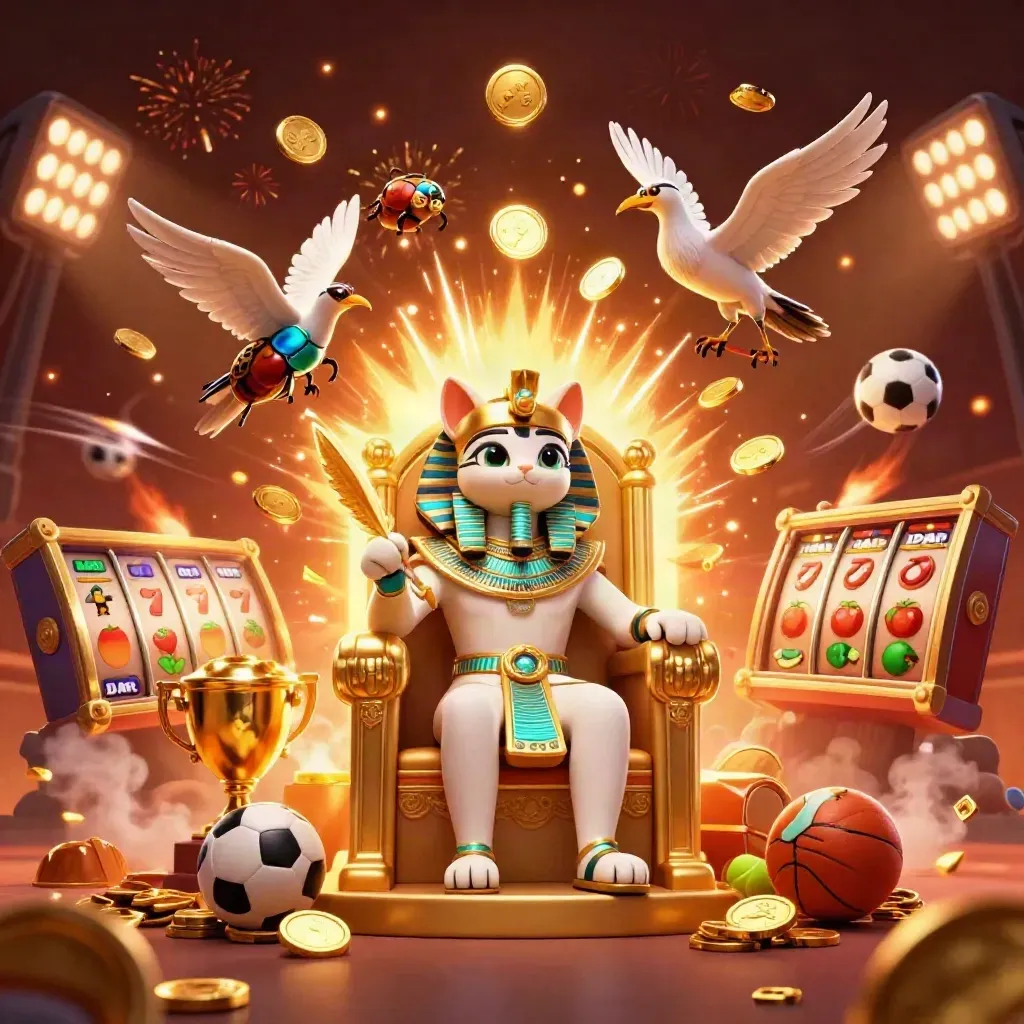 Pharaoh cat, ibis scribe, and gem-wing scarabs amid coins, fireworks, and casino game icons.