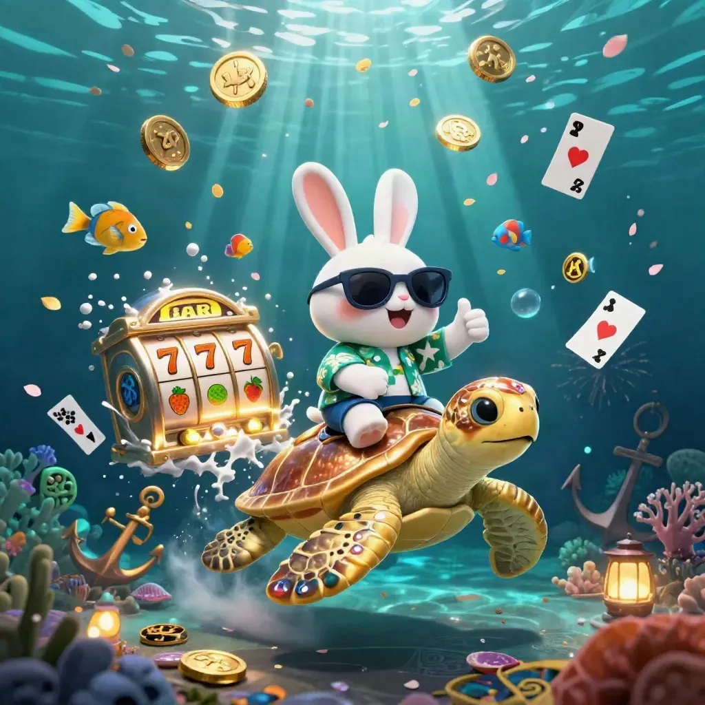 Cartoon rabbit rides a jeweled sea turtle through an underwater coin explosion and glowing coral