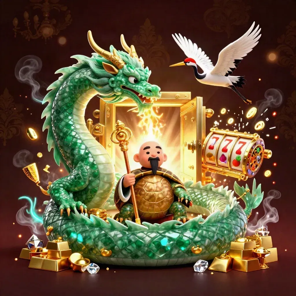 Jade dragon, turtle sage, and cranes with vault gold, gems, and casino symbols on a dark luxe background.