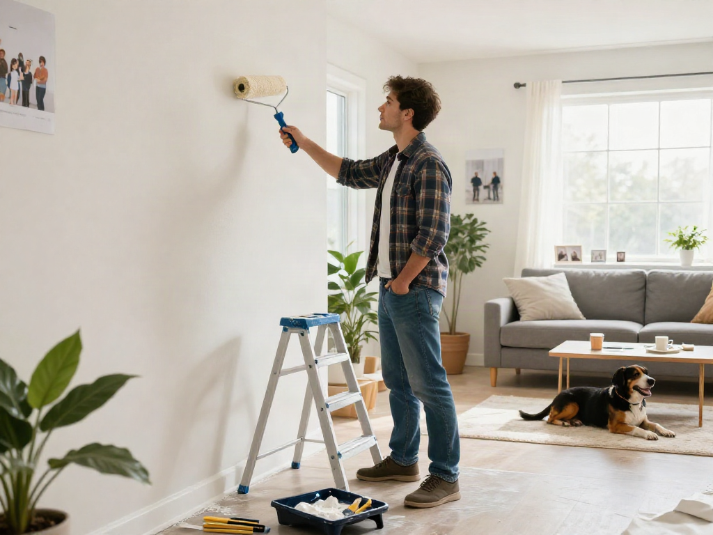 Home repair services Des Moines Iowa with contractor painting living room, showcasing tools and home improvements.