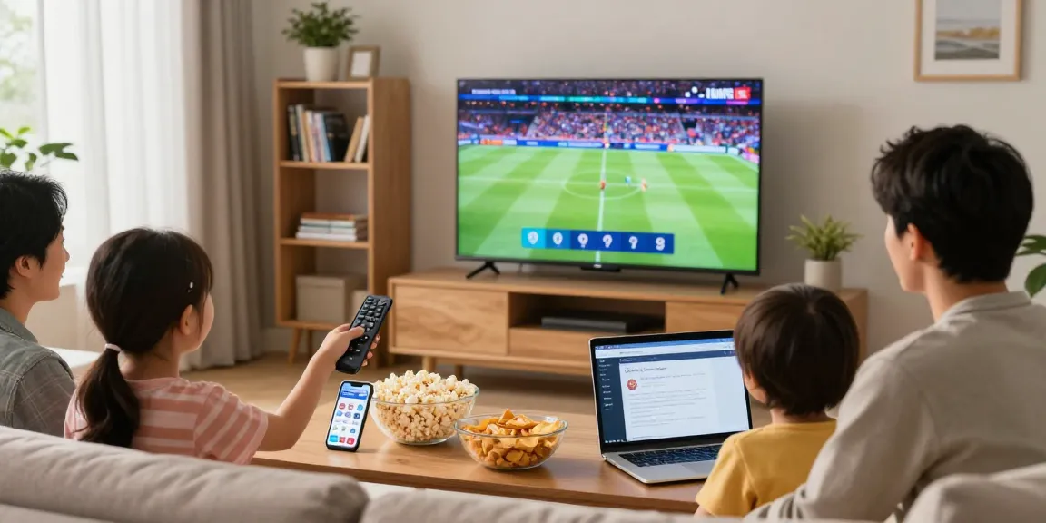 Family enjoying the best Ottocean IPTV experience with vibrant streaming content in a cozy living room.